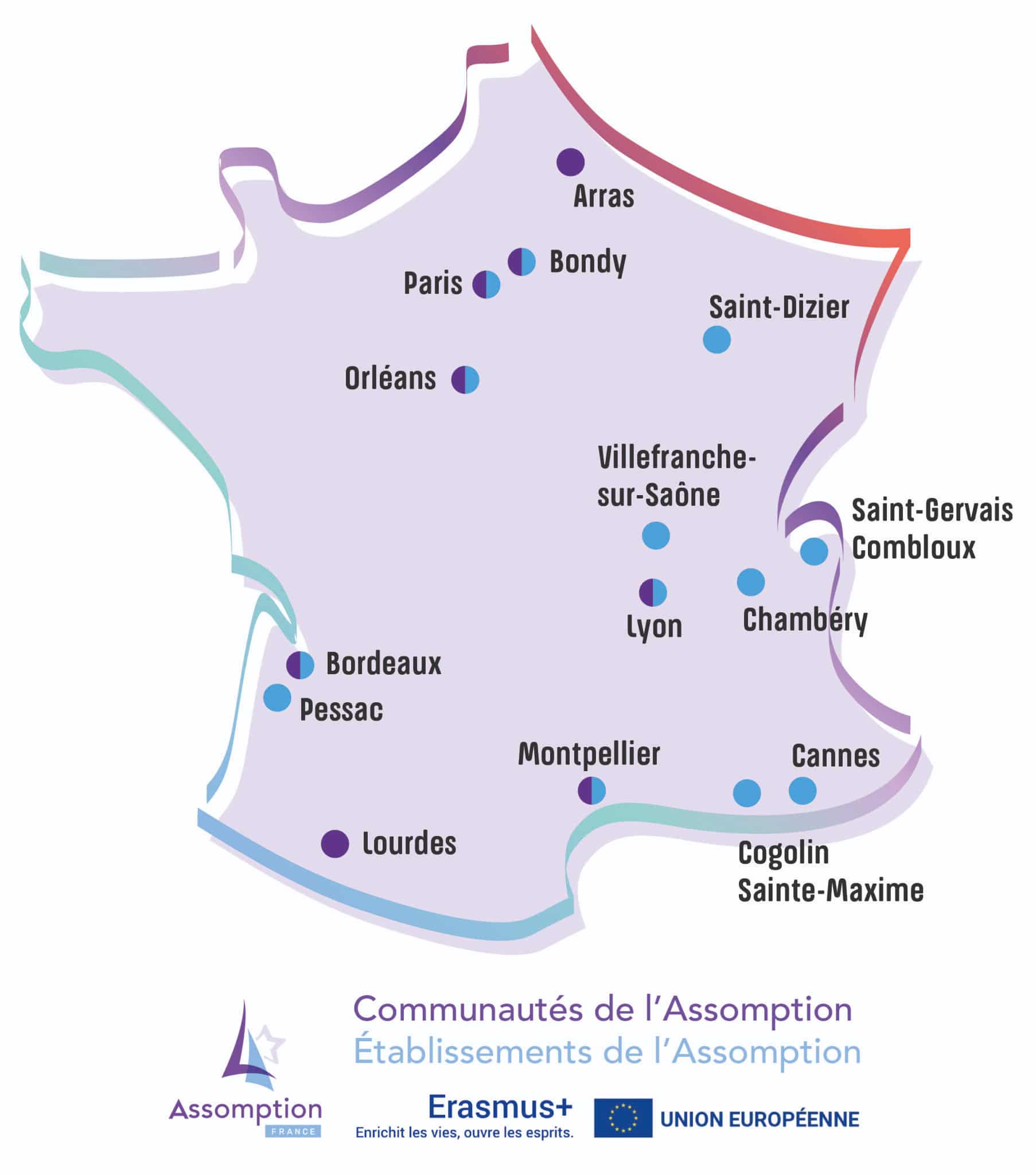 Carte de France des communautés des Religieuses de l’Assomption